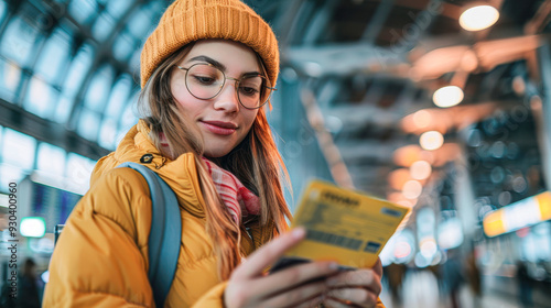 Close-up of Cheerful Female Traveler Checking Departure Timetable at Airport Terminal photo