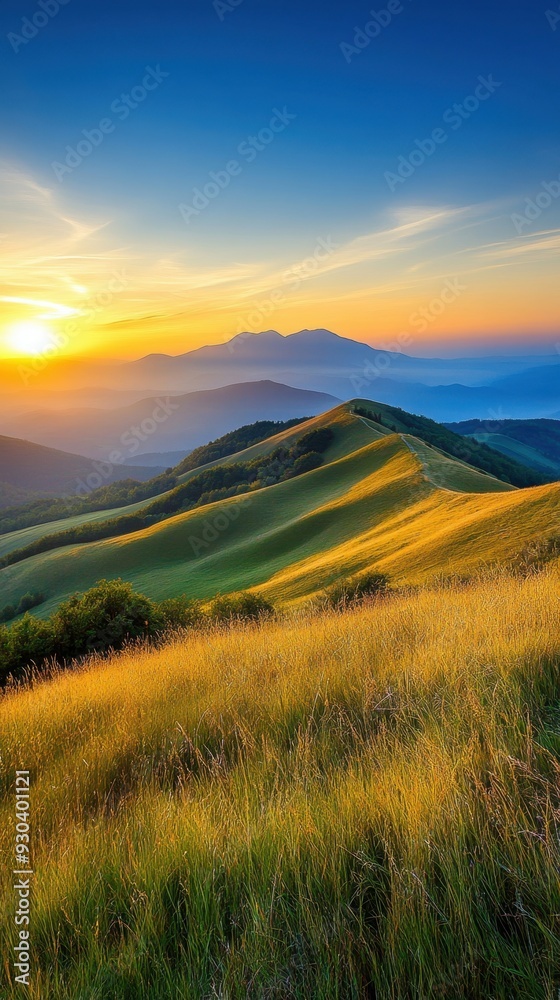 A beautiful landscape with a sun setting in the background A beautiful landscape with a sun setting in the background