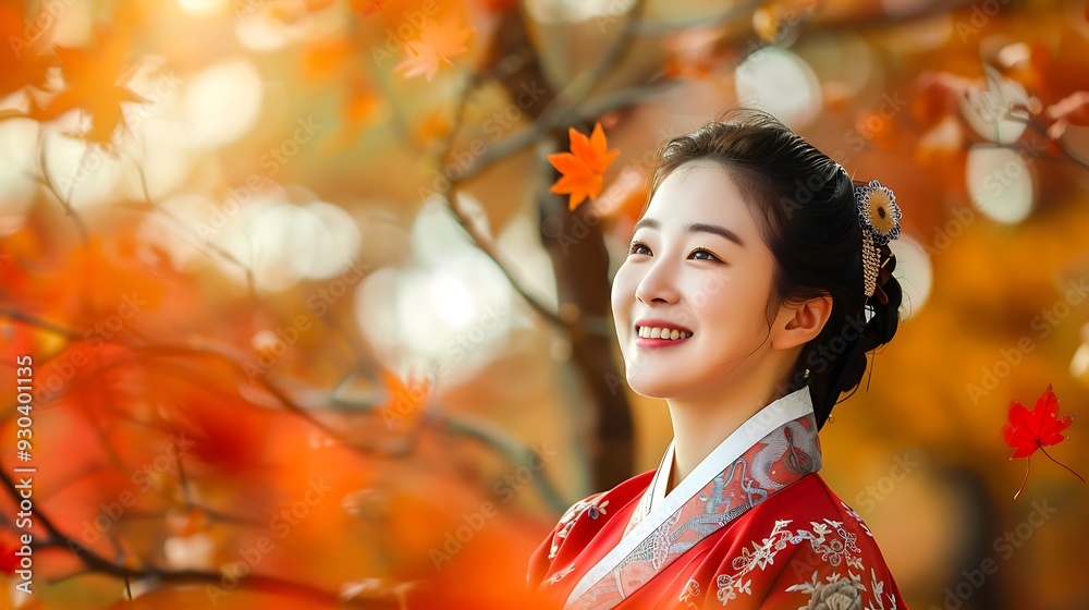 Korean woman in a hanbok, smiling in a colorful autumn forest