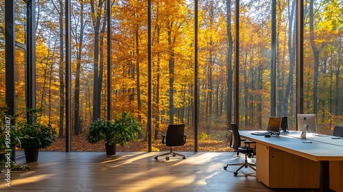 Empty modern office with stylish furniture and autumn forest view through glass windows ideal for a serene workspace photo