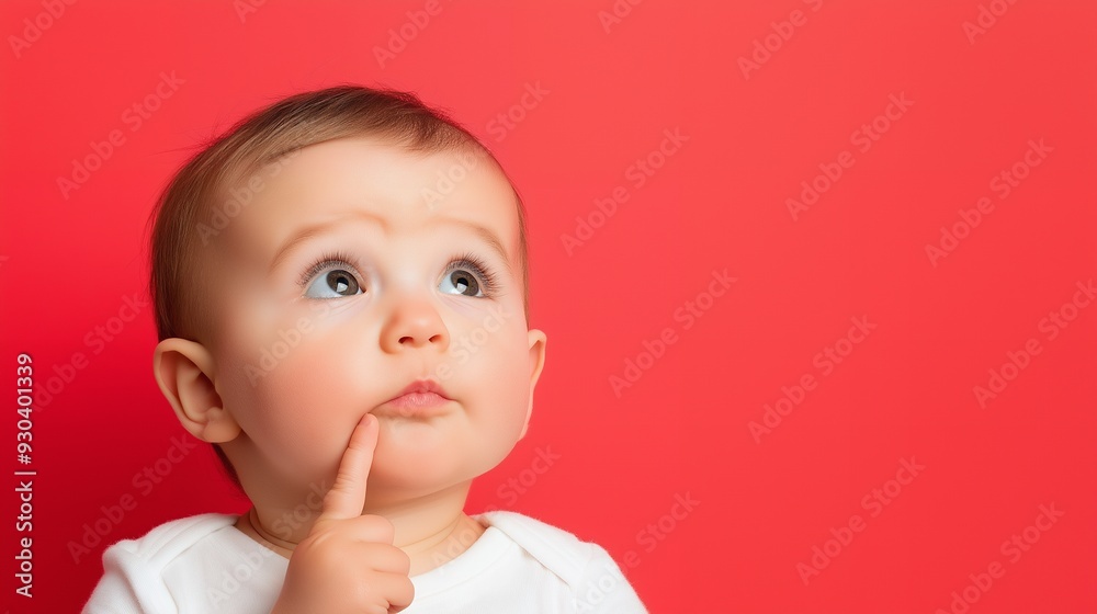 A thoughtful baby looking up with a finger on their chin against a red background.