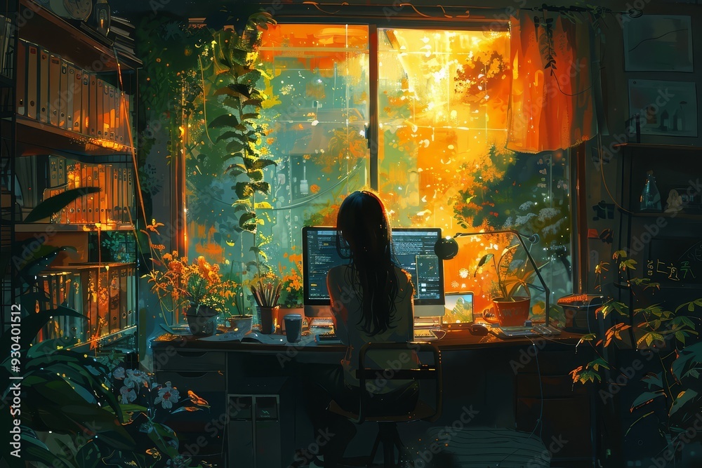 A girl is sitting at her desk, working on the computer in front of her, with sunlight streaming through the window onto her. The coffee cup next to her A girl is sitting at her desk, working on the computer in front of her, with sunlight streaming through the window onto her. The coffee cup next to her