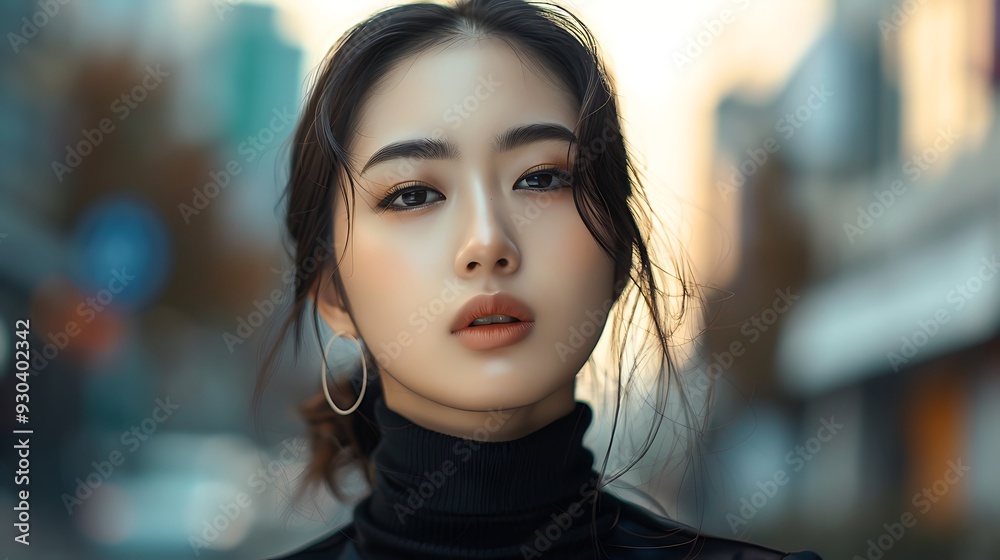 Obraz premium Korean woman with modern makeup and chic fashion, standing against a trendy urban backdrop