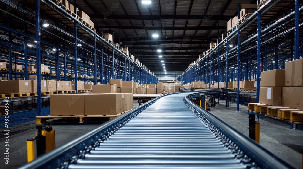 Obraz premium Conveyor elt system in a warehouse moving oxes to loading docks, symolizing the final stage of order fulfillment.