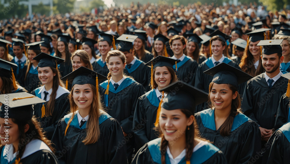 Large group of smiling graduated students in caps celebrating graduation ceremony outdoors at university, academic achievement Large group of smiling graduated students in caps celebrating graduation ceremony outdoors at university, academic achievement