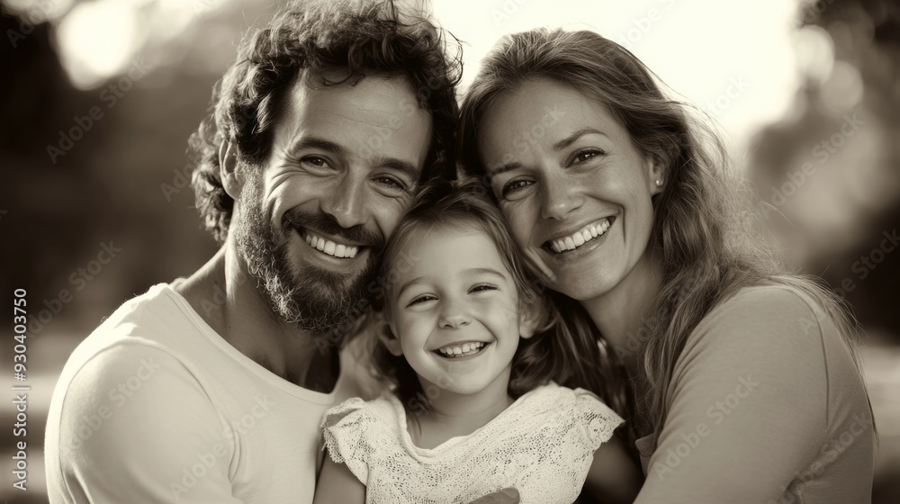 Fototapeta premium Nostalgic Bliss: Smiling Vintage Family Portrait in Sepia Tones Reflecting Joy of Togetherness