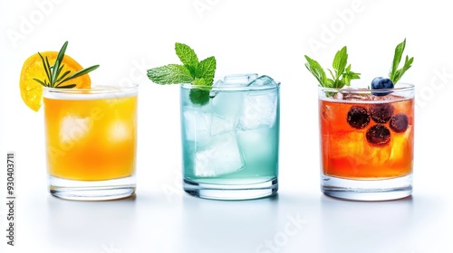 Refreshing cocktails lined up with vibrant colors, garnished with herbs and fruits, perfect for summer gatherings.