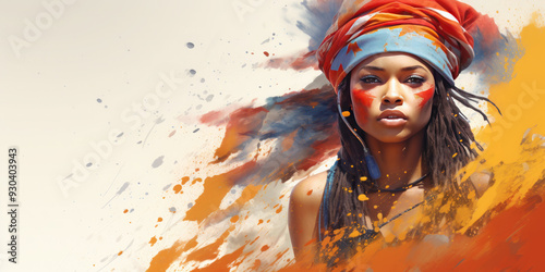 Beautiful african young woman with colorful paint on her face is wearing a traditional headdress and posing against a background of abstract splashes of color. Banner. Copy space