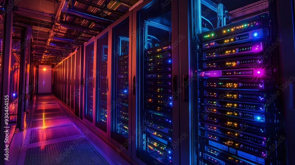 Overworking in server rooms, banks of servers with cooling fans, multi-colored indicator lights, subdued lighting, industrial high-tech style, polished metal surfaces, complex network, highly Overworking in server rooms, banks of servers with cooling fans, multi-colored indicator lights, subdued lighting, industrial high-tech style, polished metal surfaces, complex network, highly