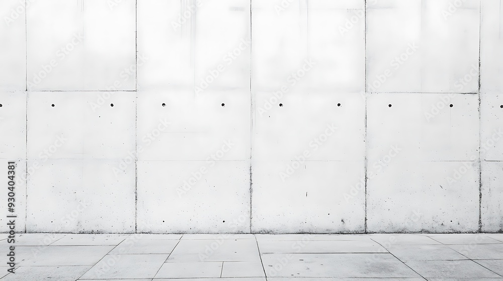 A clean, white concrete wall and tile floor, with subtle texture and small black dots.
