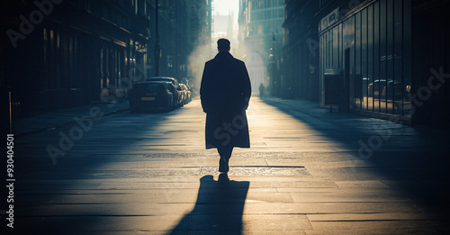 A solitary figure, cloaked in a long coat, strides purposefully through an urban landscape, bathed in dramatic backlighting that accentuates his silhouette against the city's vibrant tapestry. photo