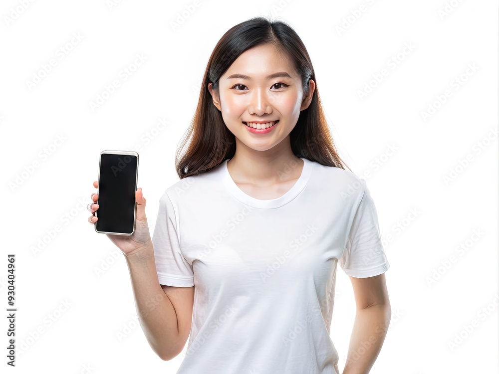 A young Asian woman with a bright smile wears a casual white t-shirt, holding a smartphone with a blank screen, isolated on a white background. A young Asian woman with a bright smile wears a casual white t-shirt, holding a smartphone with a blank screen, isolated on a white background.