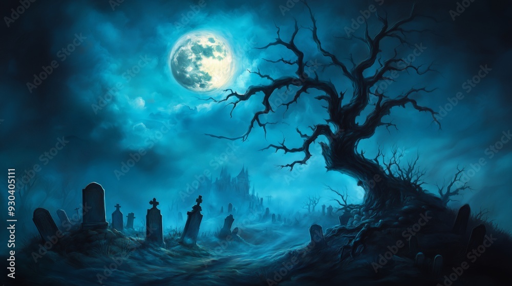 A dark, foggy Halloween night scene with an eerie full moon casting shadows over a desolate graveyard, where tombstones and twisted trees stand ominously. A dark, foggy Halloween night scene with an eerie full moon casting shadows over a desolate graveyard, where tombstones and twisted trees stand ominously.
