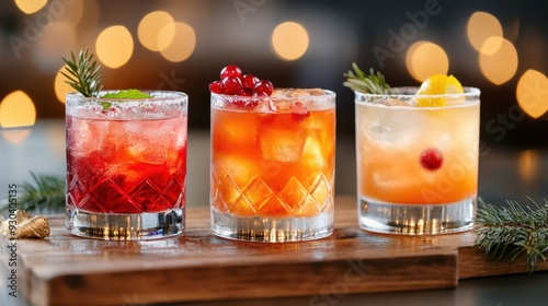 Three vibrant cocktails displayed on a wooden board with festive bokeh lights in the background, perfect for celebrations.