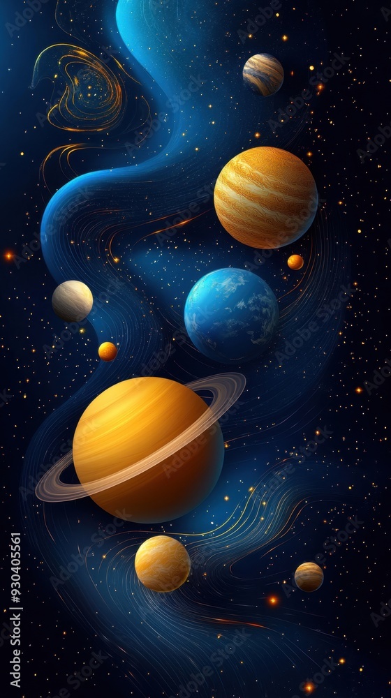 A painting of the planets in the solar system with a blue background