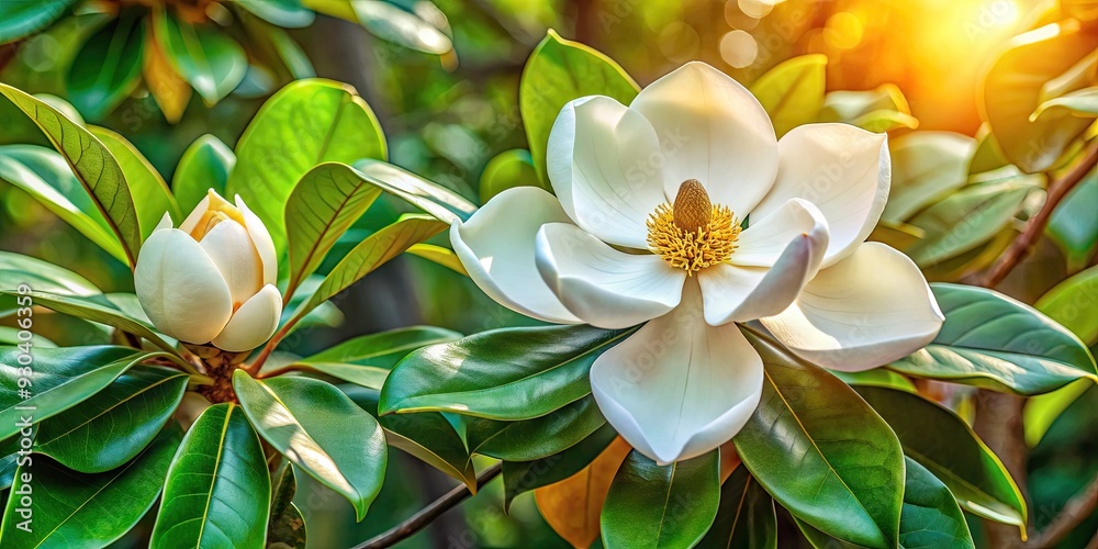Blooming Magnolia grandiflora showcases delicate white petals and rusty-brown cones against a lush green backdrop, exuding serene elegance in the warm summer light of July 2023. Blooming Magnolia grandiflora showcases delicate white petals and rusty-brown cones against a lush green backdrop, exuding serene elegance in the warm summer light of July 2023.