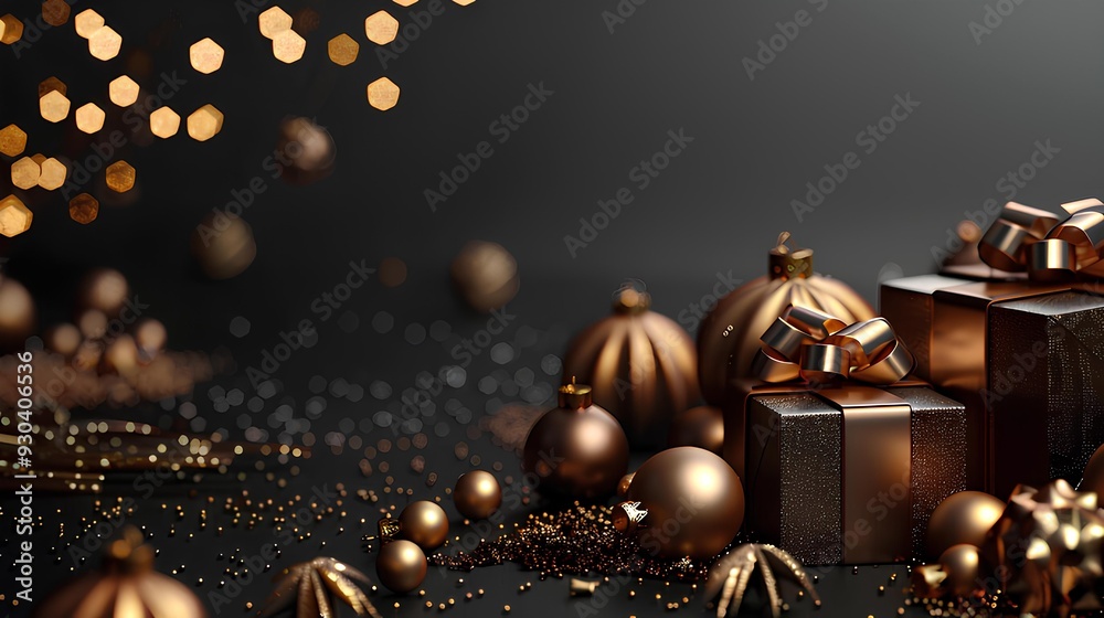 Fototapeta premium Elegant holiday composition with chic bronze gift boxes and baubles on black background. Festive Christmas concept. Luxury design for greeting cards, invitations, or posters.