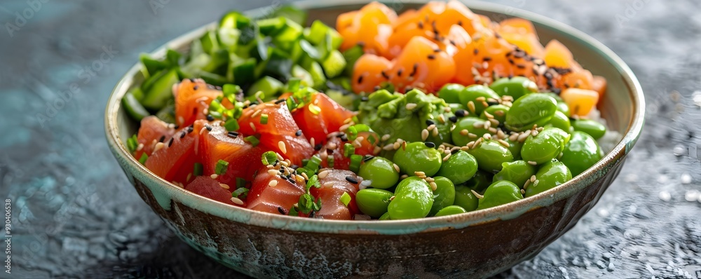 Freshly Prepared Poke Bowl with Tuna Avocado and Edamame on Gray Background Freshly Prepared Poke Bowl with Tuna Avocado and Edamame on Gray Background