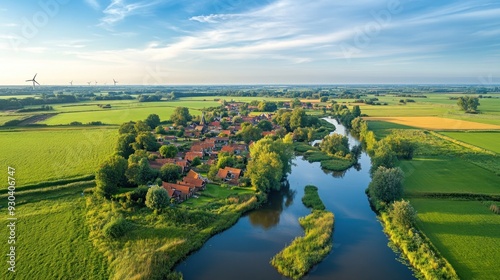 Aerial View of a Village near a Winding River