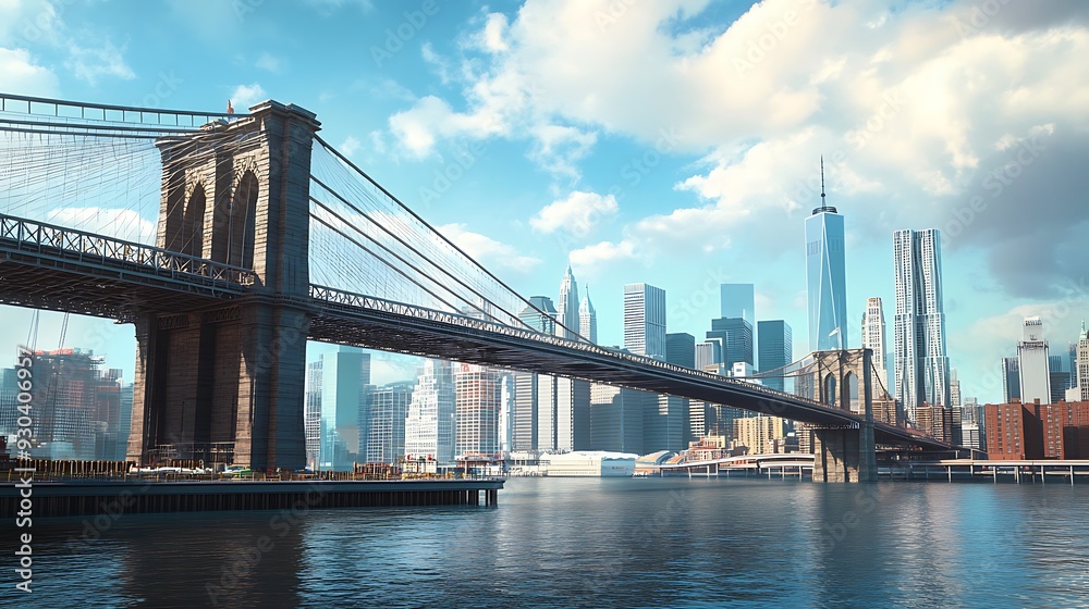 Obraz premium Brooklyn Bridge with New York City Skyline under a Blue Sky