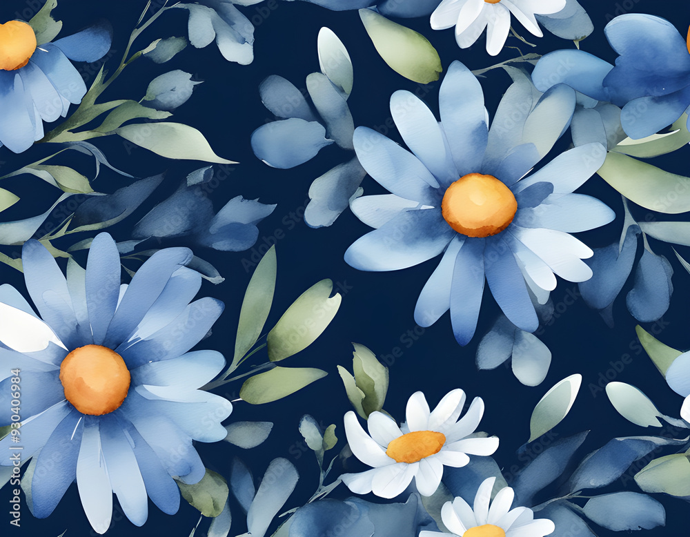 Watercolor blue daisy flowers background Watercolor blue daisy flowers background