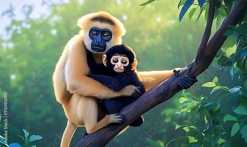 Leaf Monkeys or Dusky Langur and mother who are living in the forest, Animals with their babies in Thailand
