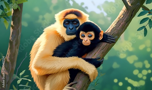 Leaf Monkeys or Dusky Langur and mother who are living in the forest, Animals with their babies in Thailand
