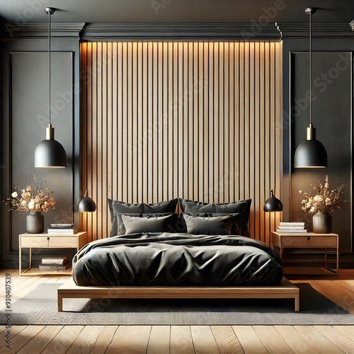 a modern, stylish bedroom with a wooden slat accent wall, ambient lighting, a low-profile bed with dark bedding, and matching bedside tables with minimalist decor