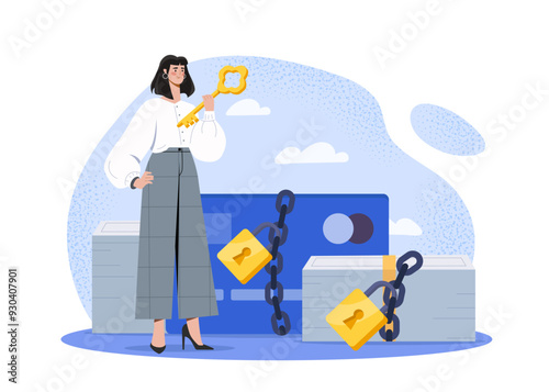 Woman with banking ban. Young girl with golden key near bank cards under locks. Closed access to cashless transfers and transactions. Flat vector illustration isolated on white background photo