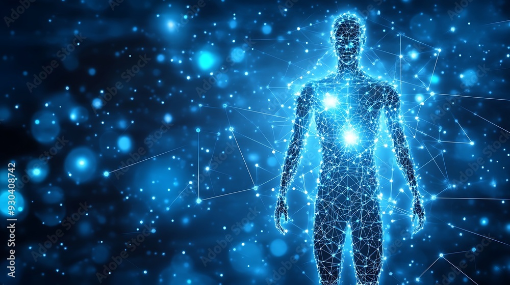 Abstract Human Figure Connected by Lines and Dots on a Blue Background. Abstract Human Figure Connected by Lines and Dots on a Blue Background.