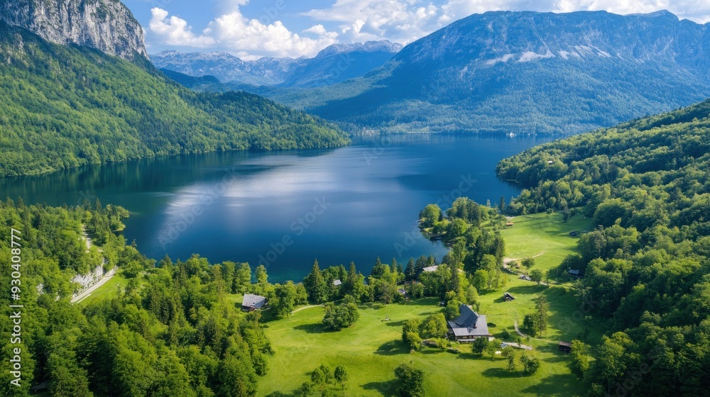 Aerial View of a Serene Lake Nestled in a Mountain Valley