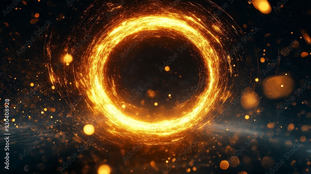 Abstract image of a glowing fiery ring surrounded by dynamic particles. Abstract image of a glowing fiery ring surrounded by dynamic particles.