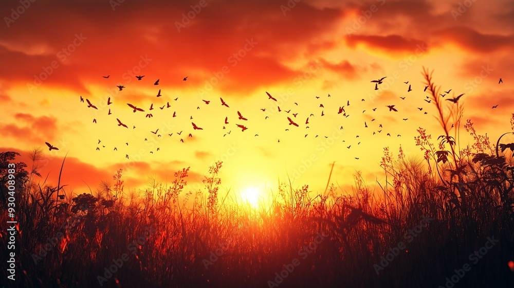 Beautiful sunset scene with silhouette birds flying over a field of tall grass. Beautiful sunset scene with silhouette birds flying over a field of tall grass.
