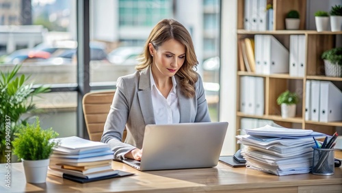 Businesswoman sitting in front of a laptop, organizing digital files and folders, with a messy desk and papers scattered around, highlighting the need for data import.