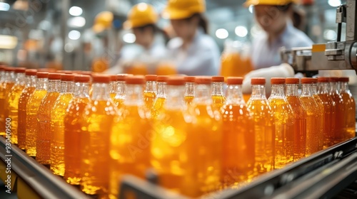 Factory workers packing ottles of juice on an assemly line, emphasizing efficiency in everage production. photo