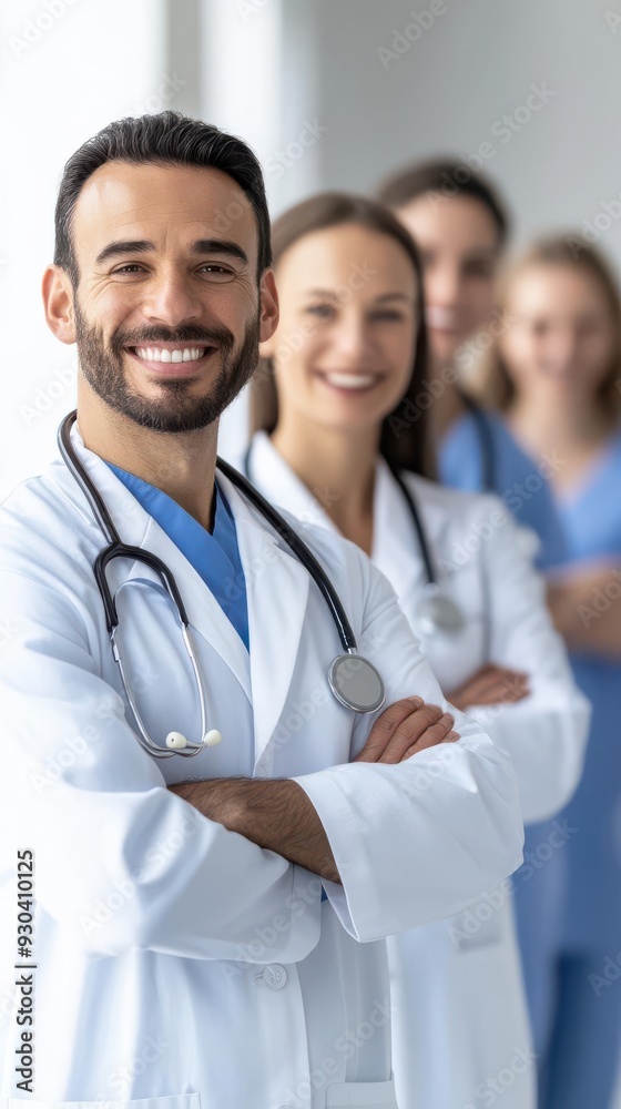 A diverse group of healthcare professionals with a focus on colorectal cancer prevention, symbolizing a team effort in health A diverse group of healthcare professionals with a focus on colorectal cancer prevention, symbolizing a team effort in health