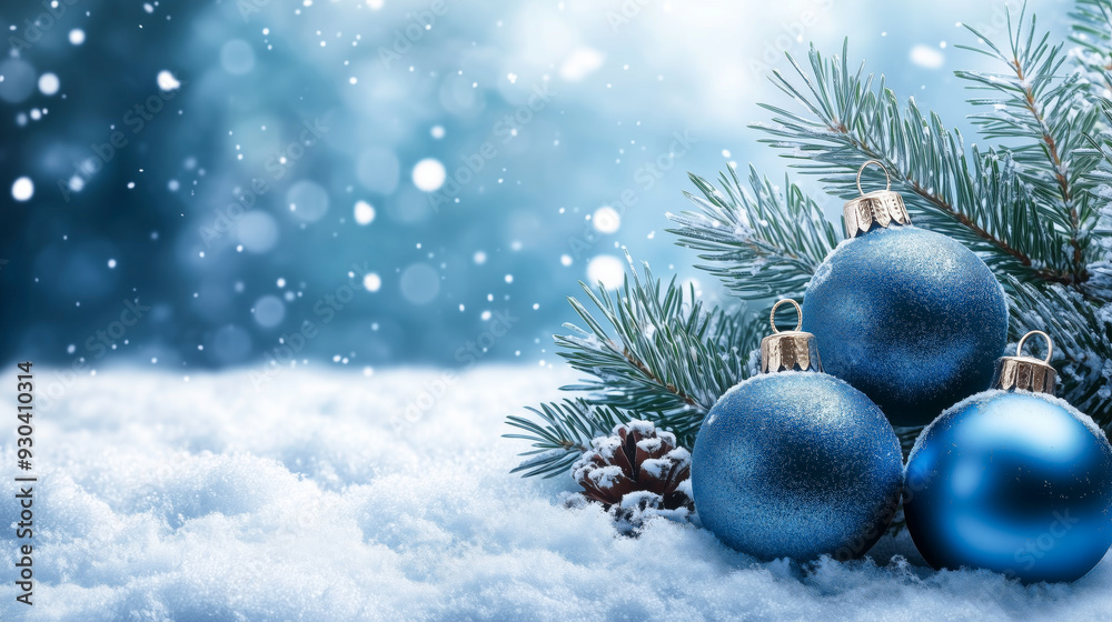 Three blue Christmas ornaments rest on snow with pine branches, capturing the festive holiday spirit. Three blue Christmas ornaments rest on snow with pine branches, capturing the festive holiday spirit.