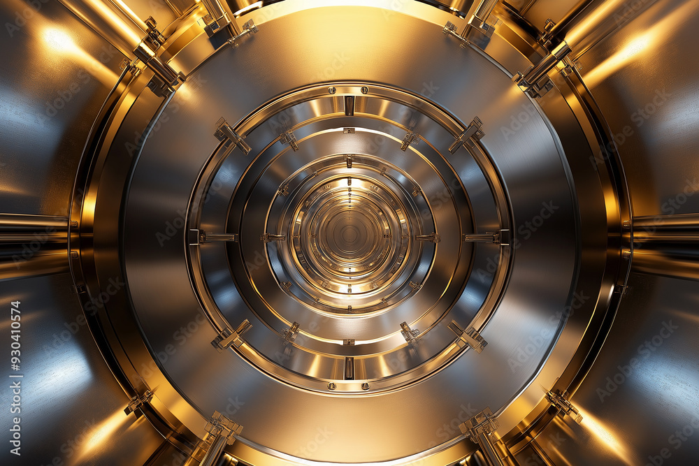 Futuristic, symmetrical metallic tunnel with golden and silver hues, creating a sense of depth and endless perspective. Ideal for technology, innovation, and industrial concepts. Futuristic, symmetrical metallic tunnel with golden and silver hues, creating a sense of depth and endless perspective. Ideal for technology, innovation, and industrial concepts.