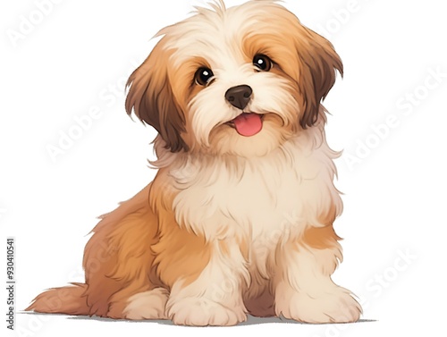 a cute happy reddish havanese puppy dog sitting isolated on white background.
