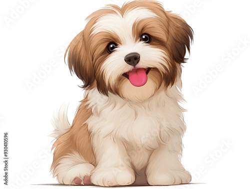 a cute happy reddish havanese puppy dog sitting isolated on white background.
