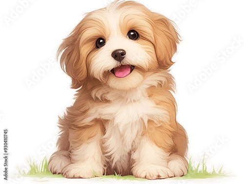 a cute happy reddish havanese puppy dog sitting isolated on white background.
