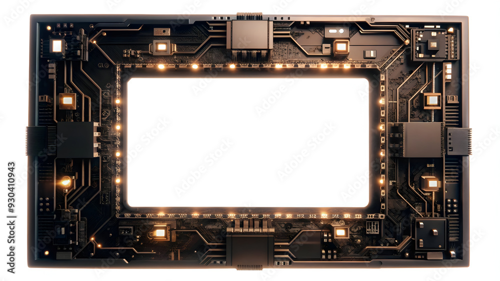 3D AI Powered Circuit Frame Concept with Glowing Elements on White Background - Technology Integration Design for Copy Space 3D AI Powered Circuit Frame Concept with Glowing Elements on White Background - Technology Integration Design for Copy Space