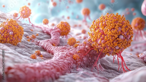 Detailed visualization of cancer cells infiltrating surrounding tissue, illustrating metastasis from colorectal cancer, colorectal cancer metastasis, medical illustration