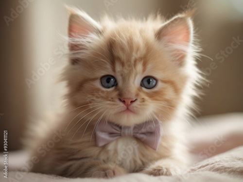 A fluffy kitten with a small, cute bow