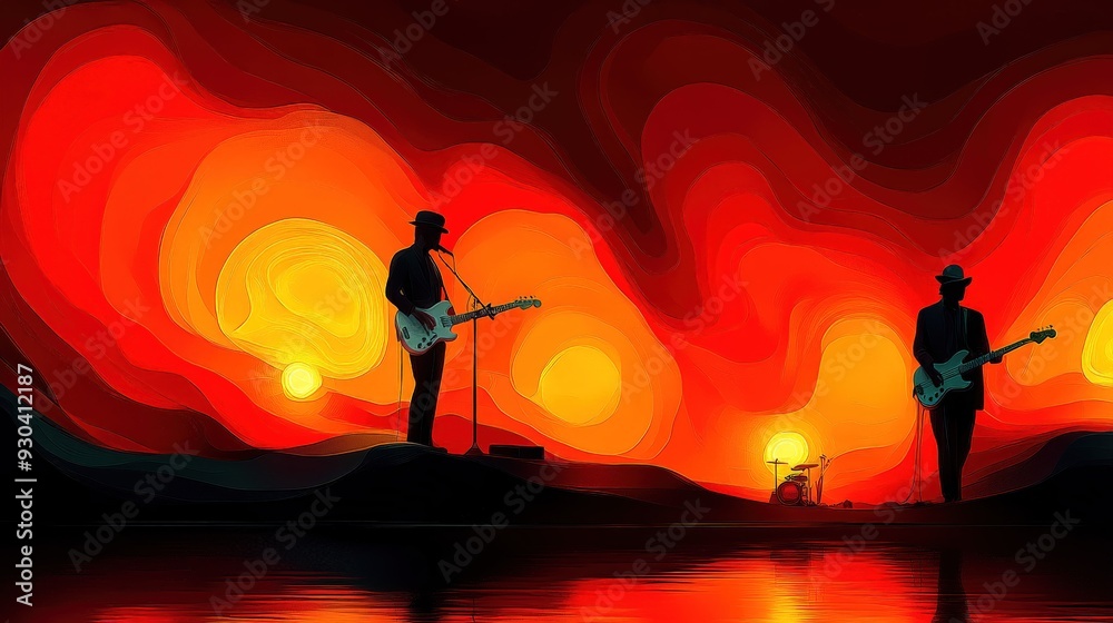 Fototapeta premium Two guitarists silhouetted against surreal red sunset