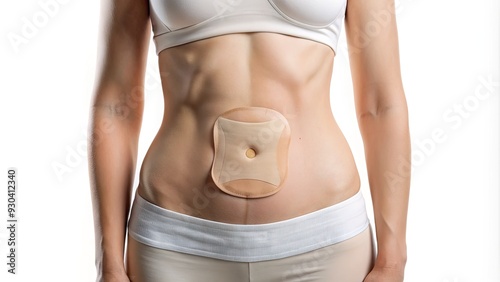 Close-up of a Caucasian woman's abdomen with a visible colostomy bag against a clean white background, highlighting the medical condition with sensitivity and realism. photo