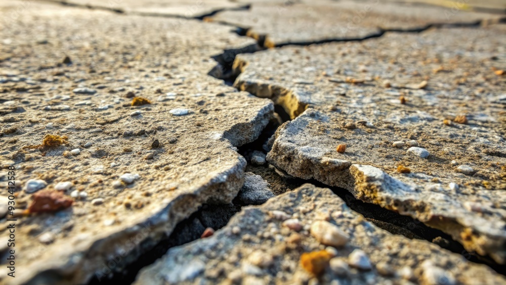 Close-up of a cracked concrete surface with chunks broken off, revealing rough aggregate underneath, symbolizing decay, destruction, or construction chaos. Close-up of a cracked concrete surface with chunks broken off, revealing rough aggregate underneath, symbolizing decay, destruction, or construction chaos.