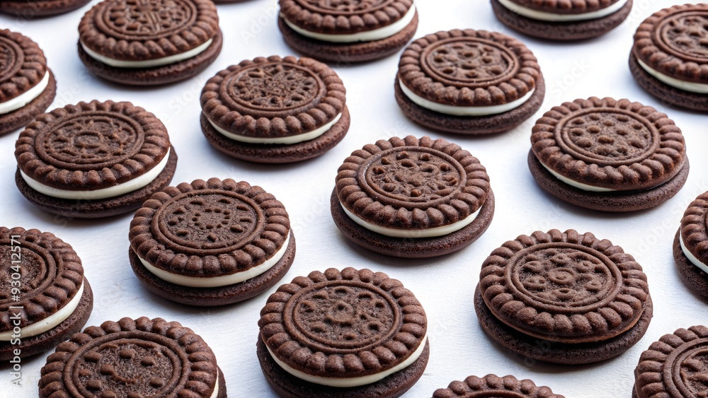 Close-up of a delicious dark cookie with creamy filling, arranged in a repeating pattern on a white background, creating a visually appealing design. Close-up of a delicious dark cookie with creamy filling, arranged in a repeating pattern on a white background, creating a visually appealing design.