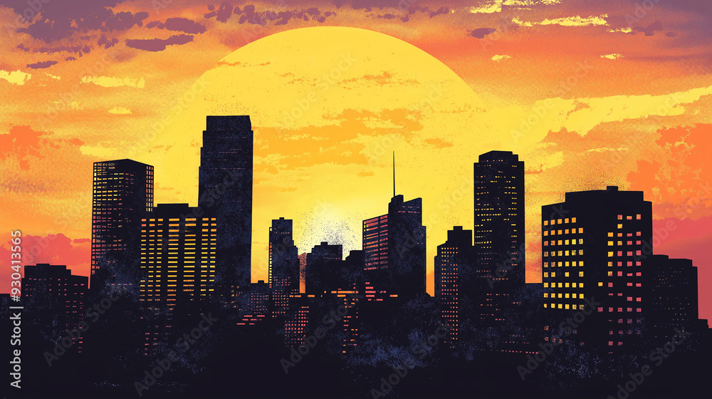 Fototapeta premium Pop art concept Silhouette of city skyscrapers, sunset. Colorful background in pop art retro comic style.