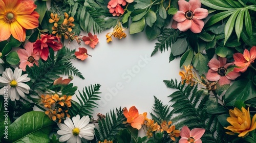 Creative layout made of flowers and leaves. Flat lay. Nature concept. Floral Greeting card. Colorful spring flower background, space for text. Nature Trendy Decorative Design , ai